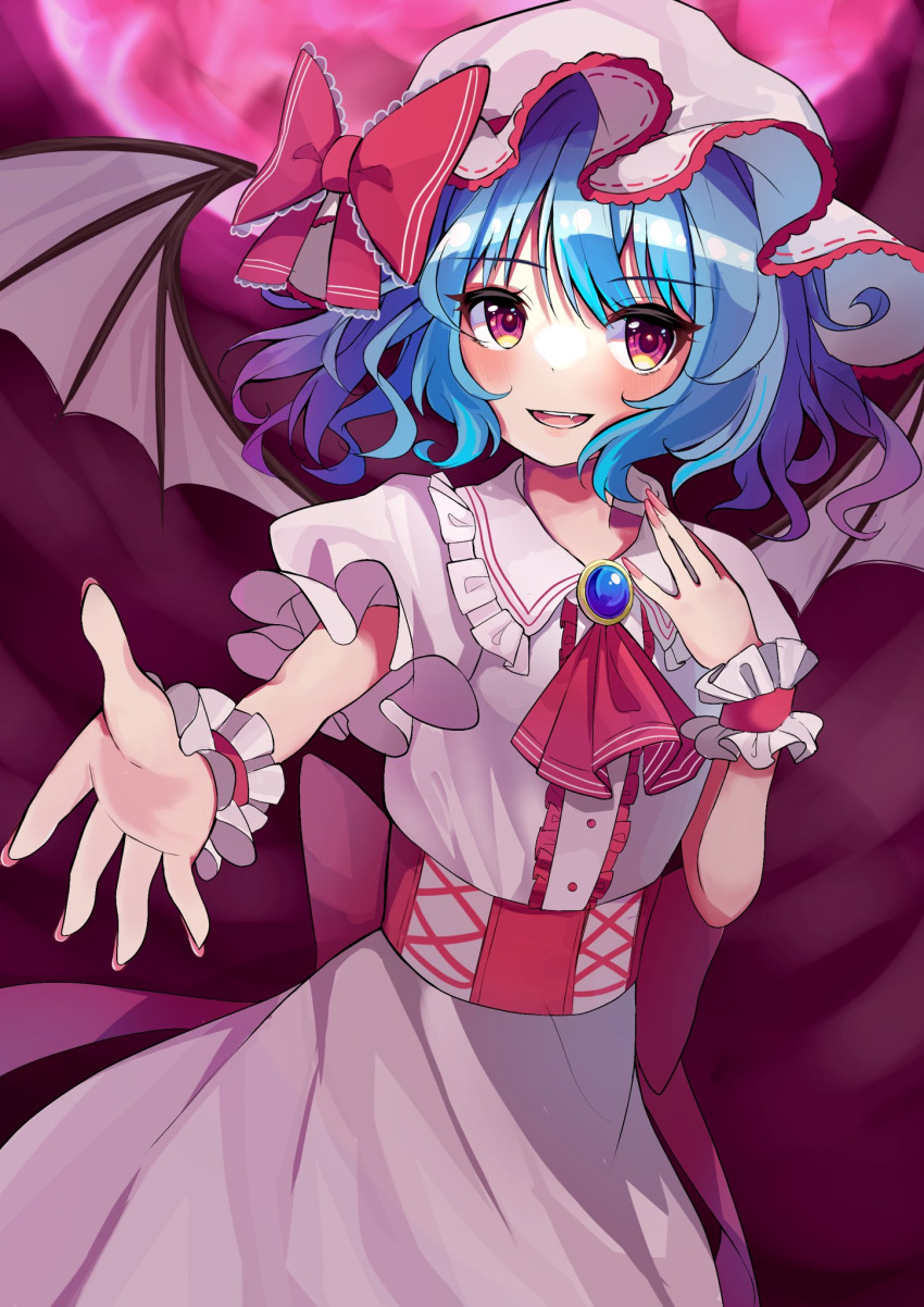 1girl :d ascot bangs bat_wings blue_hair blush bow brooch commentary_request corset cowboy_shot dark_background eyebrows_visible_through_hair flat_chest frilled_shirt_collar frills hand_up hat hat_bow highres ichigo_mogu_15 jewelry looking_at_viewer medium_hair mob_cap nail_polish open_mouth pink_headwear pink_nails puffy_short_sleeves puffy_sleeves reaching_out red_bow red_neckwear remilia_scarlet short_sleeves smile solo touhou violet_eyes wings wrist_cuffs