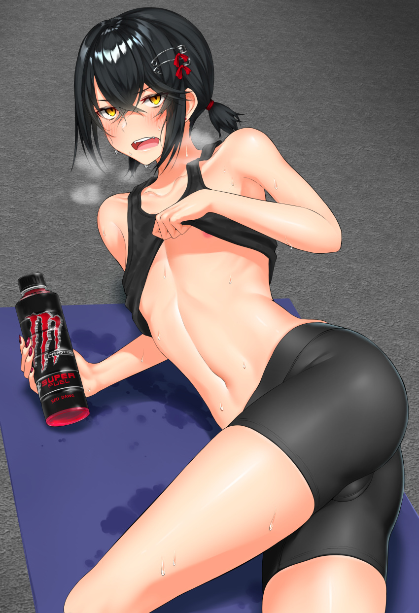 1boy absurdres ass bangs bike_shorts black_hair black_shorts black_tank_top blush bottle breath bulge clothes_lift collarbone crotch_seam dripping earrings energy_drink exercise fangs fingernails hair_between_eyes hair_ornament hairclip hand_up highres holding holding_bottle indoors jewelry jitome karasu_(jjwh2832) lifted_by_self looking_at_viewer lying male_focus mashiro_(nijisanji) monster_energy navel nijisanji nipples on_floor on_side open_mouth otoko_no_ko red_nails safety_pin shiny shiny_clothes shirt_lift short_hair short_ponytail short_shorts shorts sidelocks solo stud_earrings sweat tank_top yellow_eyes
