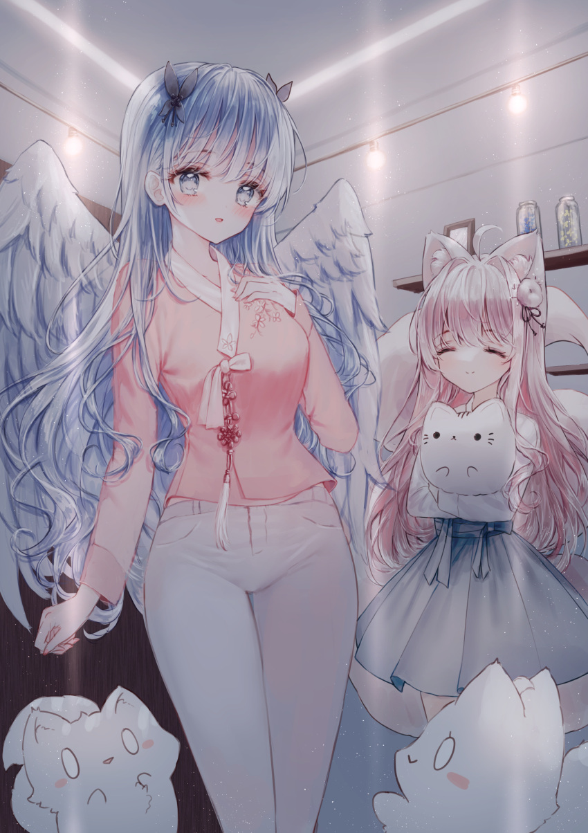 2girls ^_^ ahoge animal animal_ear_fluff animal_ears bangs blue_eyes blue_hair blue_skirt breasts cat closed_eyes closed_mouth commentary_request eyebrows_visible_through_hair feathered_wings fox hair_intakes hand_up highres indoors long_hair long_sleeves medium_breasts multiple_girls original pants pink_hair pink_shirt pleated_skirt shelf shirt skirt standing tail_raised tandohark very_long_hair white_pants white_shirt white_wings wings