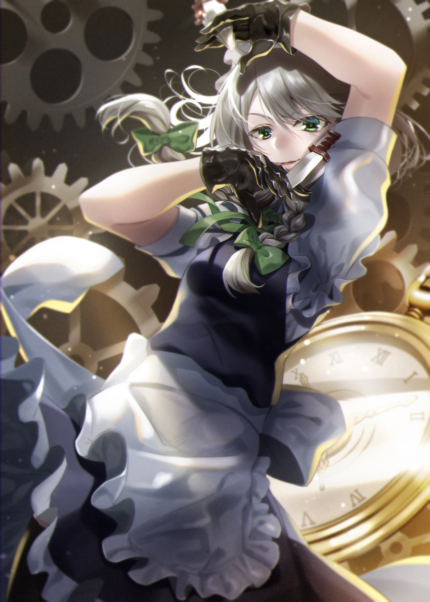 1girl akane_hazuki apron arm_up between_fingers black_gloves blue_dress bow braid breasts clock commentary_request cropped_legs dress eyebrows_visible_through_hair gears gloves green_bow green_eyes hair_between_eyes hair_bow highres holding holding_knife izayoi_sakuya knife lips looking_at_viewer maid maid_apron maid_headdress medium_breasts medium_hair open_mouth puffy_short_sleeves puffy_sleeves roman_numeral short_sleeves solo touhou twin_braids