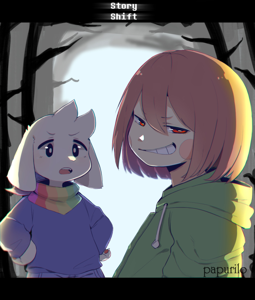 1boy 1girl asriel_dreemurr black_border black_eyes blue_hoodie border brown_hair chara_(undertale) goat_boy green_hoodie hair_between_eyes half-closed_eyes hand_on_hip highres hood hoodie looking_at_another looking_at_viewer looking_back open_mouth rainbow_order red_eyes rilo0204 short_hair smile tree undertale white_background