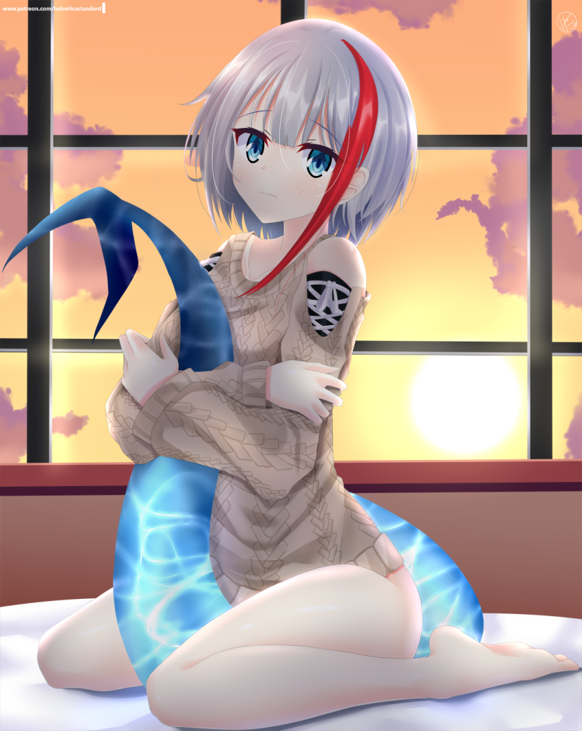 1girl 3: admiral_graf_spee_(azur_lane) admiral_graf_spee_(daily_peaceful_life)_(azur_lane) azur_lane bangs bare_legs barefoot bed_sheet blue_eyes blunt_bangs brown_sweater clouds cloudy_sky collarbone commentary_request eyebrows_visible_through_hair eyes_visible_through_hair fish_tail hair_between_eyes helvetica_std highres long_sleeves looking_at_viewer multicolored_hair no_pants short_hair short_hair_with_long_locks sidelocks silver_hair sitting sky solo streaked_hair sun sweater tail tail_hug twilight two-tone_hair wariza window