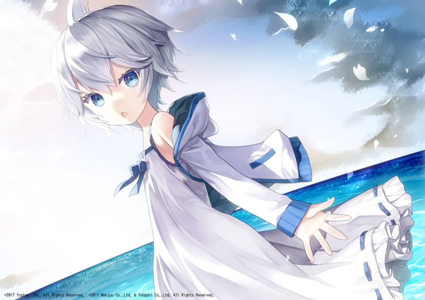 1girl azur_lane bare_shoulders capriccio chestnut_mouth clouds commentary_request dress dutch_angle hood hood_down hooded_jacket horizon jacket long_sleeves looking_at_viewer ocean official_art open_clothes open_jacket open_mouth outdoors petals sky sleeveless sleeveless_dress sleeves_past_wrists solo u-110_(azur_lane) water watermark white_dress white_jacket