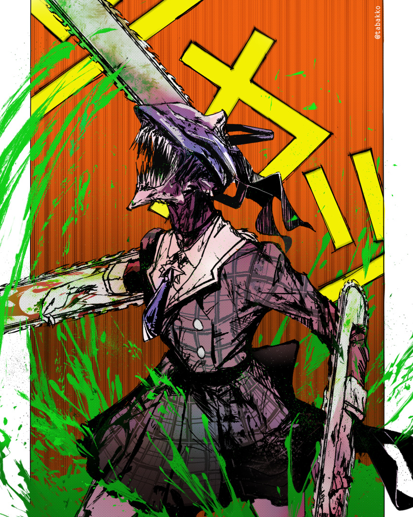 1girl absurdres blue_neckwear brooch chainsaw chainsaw_man collared_shirt commentary_request cowboy_shot highres hololive hoshimachi_suisei hyde_(tabakko) jacket jewelry necktie open_mouth parody plaid plaid_jacket plaid_skirt pleated_skirt sharp_teeth shirt skirt splatter teeth twitter_username virtual_youtuber waist_bow