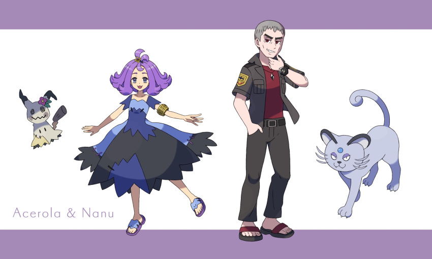 1boy 1girl acerola_(pokemon) alolan_form alolan_persian armlet bangs banned_artist blue_dress commentary_request dress flip-flops flipped_hair grey_dress grey_eyes grey_hair hair_ornament hairclip hand_up highres jacket looking_at_viewer medium_hair mimikyu multicolored multicolored_clothes multicolored_dress nanu_(pokemon) nin_(female) open_clothes open_jacket pants parted_lips pokemon pokemon_(anime) pokemon_(creature) pokemon_sm_(anime) purple_hair red_eyes red_shirt sandals shirt short_sleeves smile smirk standing stitches topknot torn_clothes torn_dress z-ring