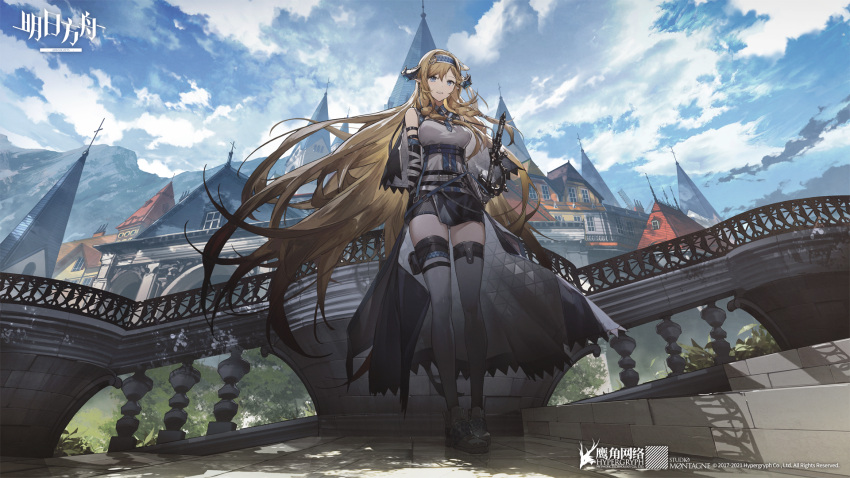 1girl architecture arknights bare_shoulders black_cape black_footwear black_shorts blonde_hair blue_eyes boots breasts bridge building cape chinese_commentary clouds cloudy_sky commentary_request copyright_name dragon_horns floating_hair from_behind full_body grey_legwear highres horns kieed long_hair looking_at_viewer medium_breasts official_alternate_costume outdoors parted_lips pointy_ears saileach_(arknights) sheath sheathed shirt shorts sky smile solo standing thigh-highs very_long_hair watermark white_shirt