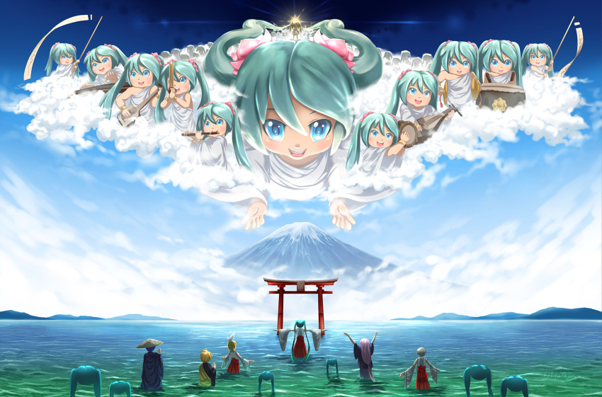 2boys 6+girls anniversary aqua_eyes aqua_hair arms_up artist_name backlighting banner bare_shoulders blonde_hair blue_hair blue_kimono blue_robe bow brown_hair clone clouds commentary cymbals day detached_sleeves drum drumsticks floating flute from_behind hair_bow hakama hakama_skirt hands_together hatsune_miku highres instrument instrument_request japanese_clothes kagamine_len kagamine_rin kaito_(vocaloid) kimono lolita_majin long_hair looking_at_viewer lute_(instrument) megurine_luka meiko miko mikudayoo monk mount_fuji mountainous_horizon multiple_boys multiple_girls multiple_persona ocean open_mouth outdoors outstretched_arms pink_hair praying red_skirt robe scenery shinto shirt shiteyan'yo short_hair skirt sleeveless sleeveless_shirt smile spiky_hair statue t-pose toga torii twintails very_long_hair very_wide_shot vocaloid wading white_bow white_shirt white_sleeves wide_sleeves