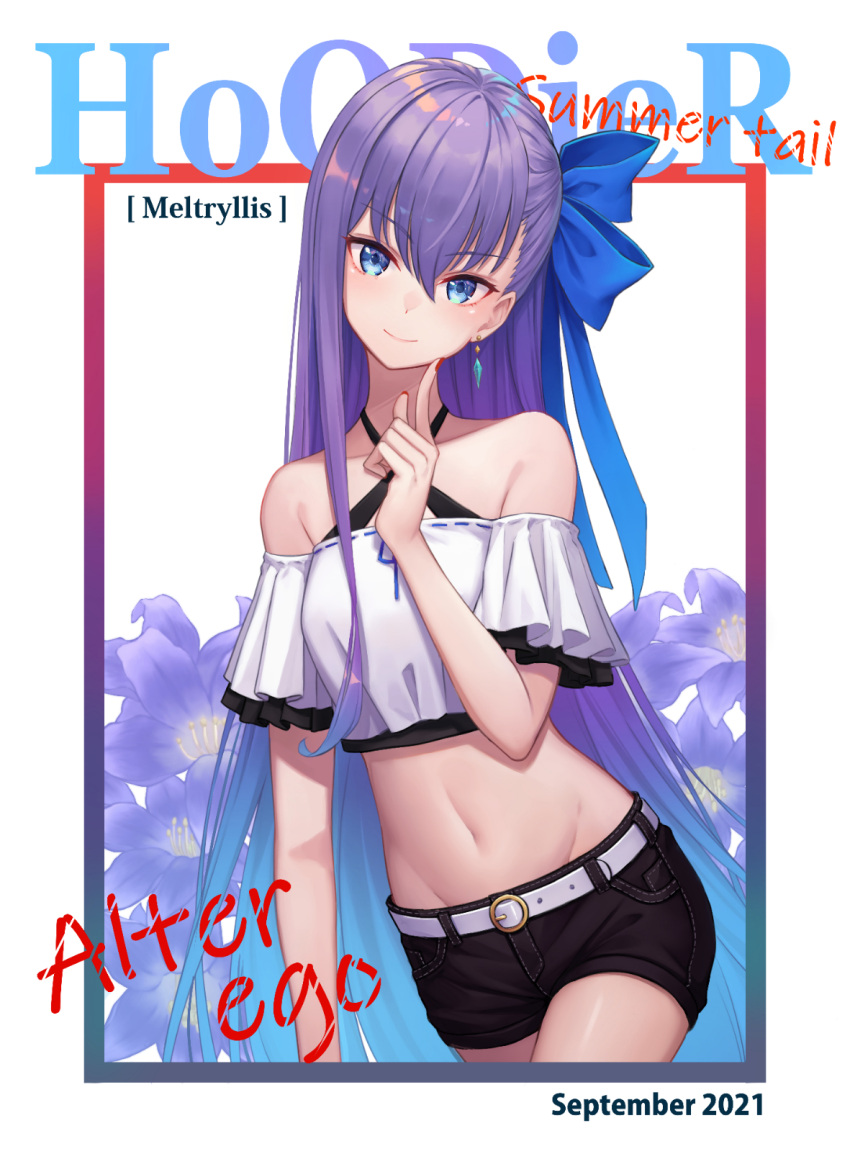 1girl bare_shoulders belt black_shorts blue_eyes bow cowboy_shot criss-cross_halter crop_top earrings fate/grand_order fate_(series) gradient_hair groin hair_bow halterneck hand_up highres hoodier index_finger_raised jewelry long_hair looking_at_viewer meltryllis_(fate) midriff multicolored_hair nail_polish navel off-shoulder_shirt off_shoulder purple_hair shirt short_shorts short_sleeves shorts smile solo stomach very_long_hair white_shirt