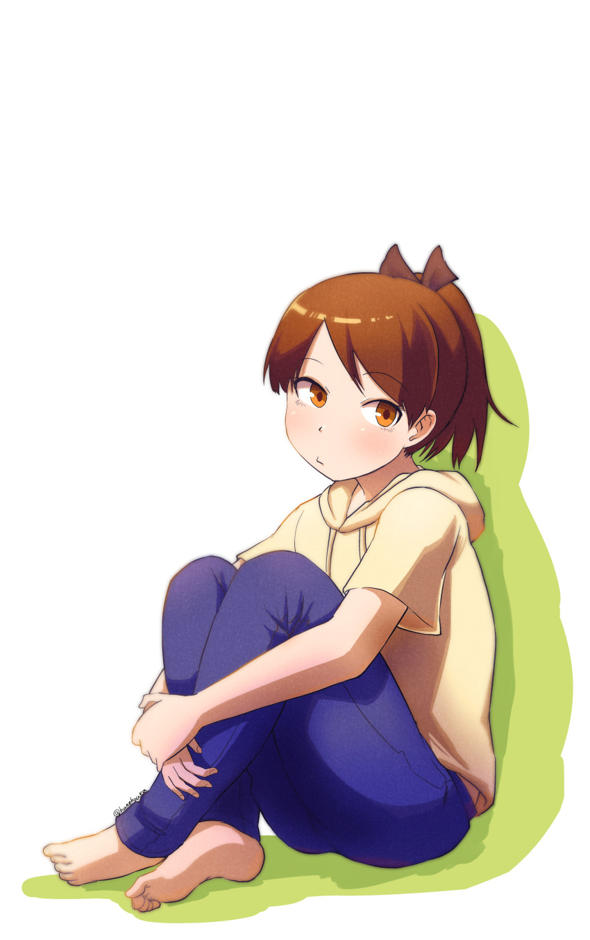 1girl absurdres arms_on_knees barefoot blush brown_hair brown_ribbon closed_mouth denim eyebrows_visible_through_hair hair_ribbon highres hood hoodie hunehoura jeans kantai_collection medium_hair orange_eyes pants ponytail ribbon shikinami_(kancolle) sitting solo twitter_username white_background yellow_hoodie