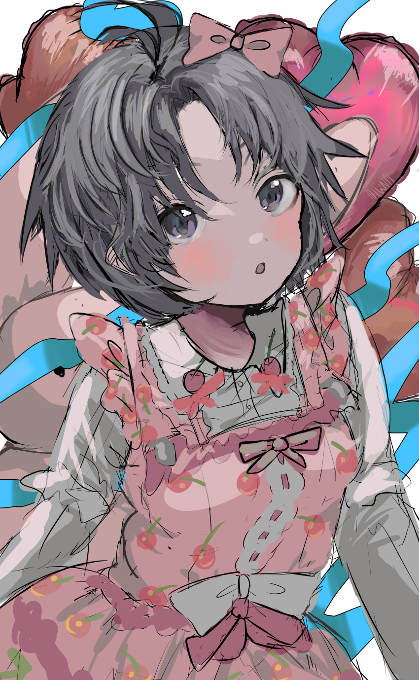 1girl :o absurdres antenna_hair black_hair bow cherry_print dress food_print grey_eyes hair_bow highres idolmaster kikuchi_makoto momae_makku pink_dress short_hair sketch solo