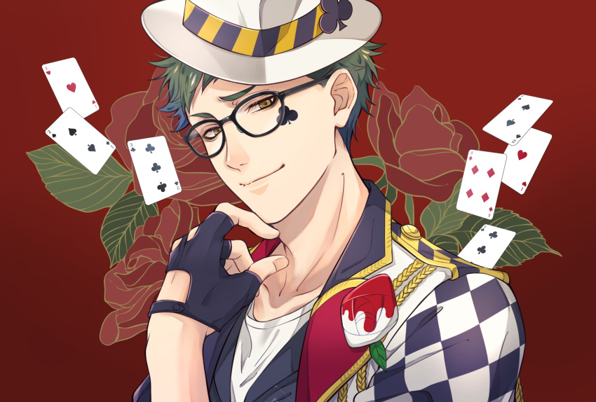 1boy black_jacket black_vest brown_eyes card closed_mouth club_(shape) diamond_(shape) facial_mark falling_card floral_background flower glasses green_hair hand_on_own_face hat heart highres jacket katena_souka looking_at_viewer male_focus multicolored multicolored_clothes multicolored_jacket open_clothes open_jacket ornate_clothes red_background red_flower red_rose rose rose_background shirt short_hair smile solo spade_(shape) trey_clover twisted_wonderland two-tone_jacket upper_body vest white_jacket white_shirt