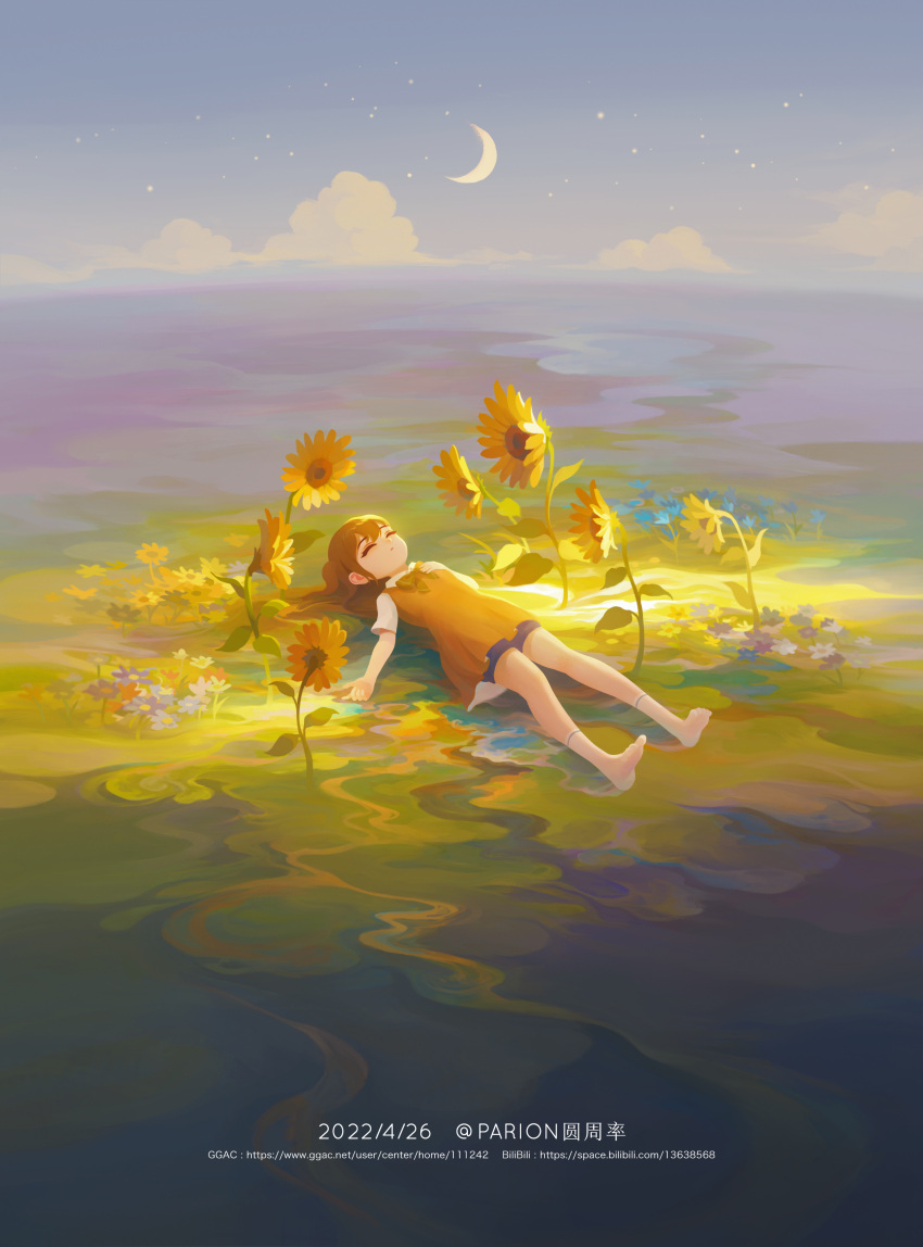 1girl absurdres artist_name bow brown_hair child closed_eyes clouds crescent_moon dated dress faye_(finding_paradise) finding_paradise flower grass highres lying moon on_back outdoors parion short_sleeves socks solo sunflower web_address white_socks yellow_dress