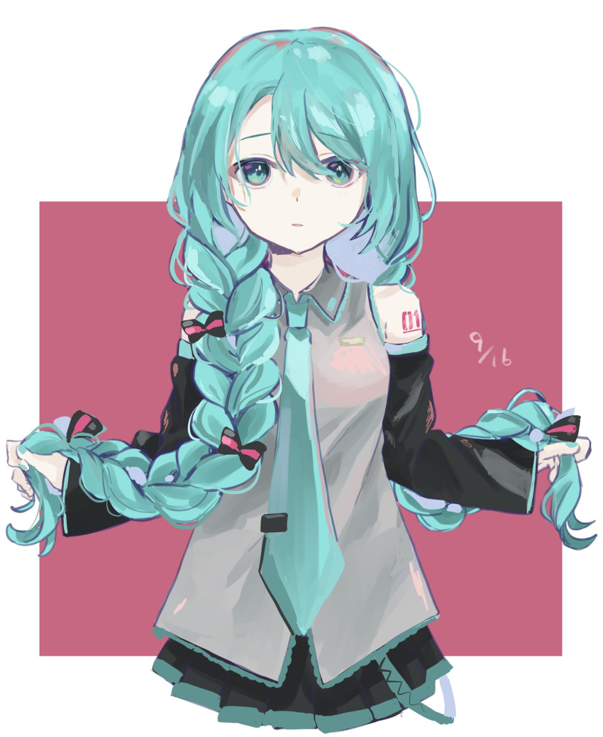 1girl alternate_hairstyle aqua_eyes aqua_hair aqua_nails aqua_neckwear bare_shoulders black_skirt black_sleeves bow braid cc_rock commentary cropped_torso dated detached_sleeves grey_shirt hair_bow hatsune_miku highres holding holding_hair long_hair looking_at_viewer miniskirt nail_polish necktie parted_lips pleated_skirt shirt shoulder_tattoo skirt sleeveless sleeveless_shirt solo striped striped_bow tattoo twin_braids upper_body very_long_hair vocaloid