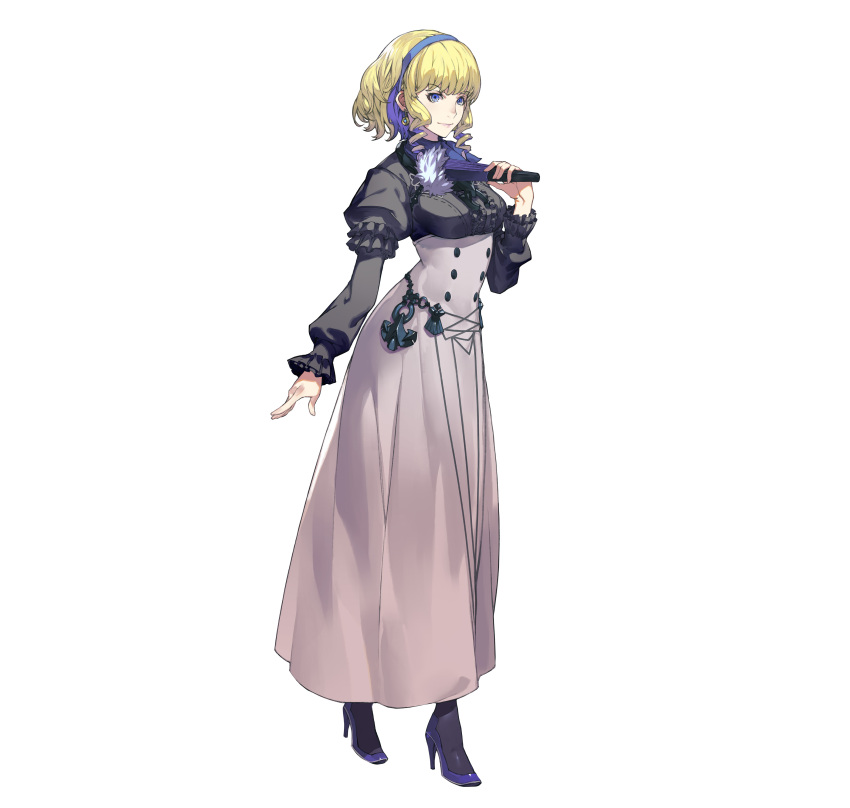 1girl absurdres artist_request bangs black_legwear blonde_hair blue_eyes blue_footwear blue_hairband breasts constance_von_nuvelle drill_hair drill_locks earrings fire_emblem fire_emblem:_three_houses fire_emblem_heroes folding_fan full_body garreg_mach_monastery_uniform grey_shirt hairband hand_fan hand_up high-waist_skirt high_heels highres holding holding_fan jewelry juliet_sleeves long_skirt long_sleeves looking_at_viewer official_art puffy_sleeves shirt short_hair simple_background skirt small_breasts smile solo standing white_background white_skirt