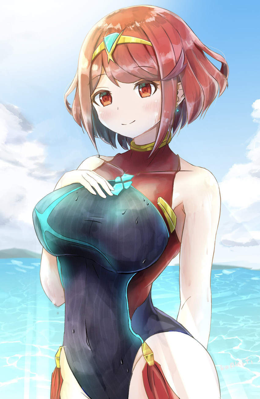 1girl bangs black_swimsuit breasts chest_jewel competition_swimsuit earrings highres jewelry kanuici336 large_breasts one-piece_swimsuit pyra_(pro_swimmer)_(xenoblade) pyra_(xenoblade) red_eyes red_swimsuit redhead short_hair solo swept_bangs swimsuit tiara two-tone_swimsuit xenoblade_chronicles xenoblade_chronicles_(series) xenoblade_chronicles_2