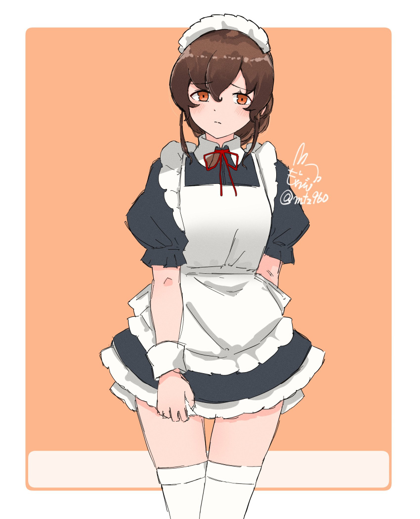 1girl alternate_costume apron black_dress border braid brown_hair cowboy_shot dress enmaided frilled_apron frills highres kantai_collection long_hair looking_at_viewer maid maid_apron maid_headdress mochizou one-hour_drawing_challenge orange_background orange_eyes single_braid skirt_hold solo souya_(kancolle) thigh-highs two-tone_background white_apron white_border white_legwear wrist_cuffs