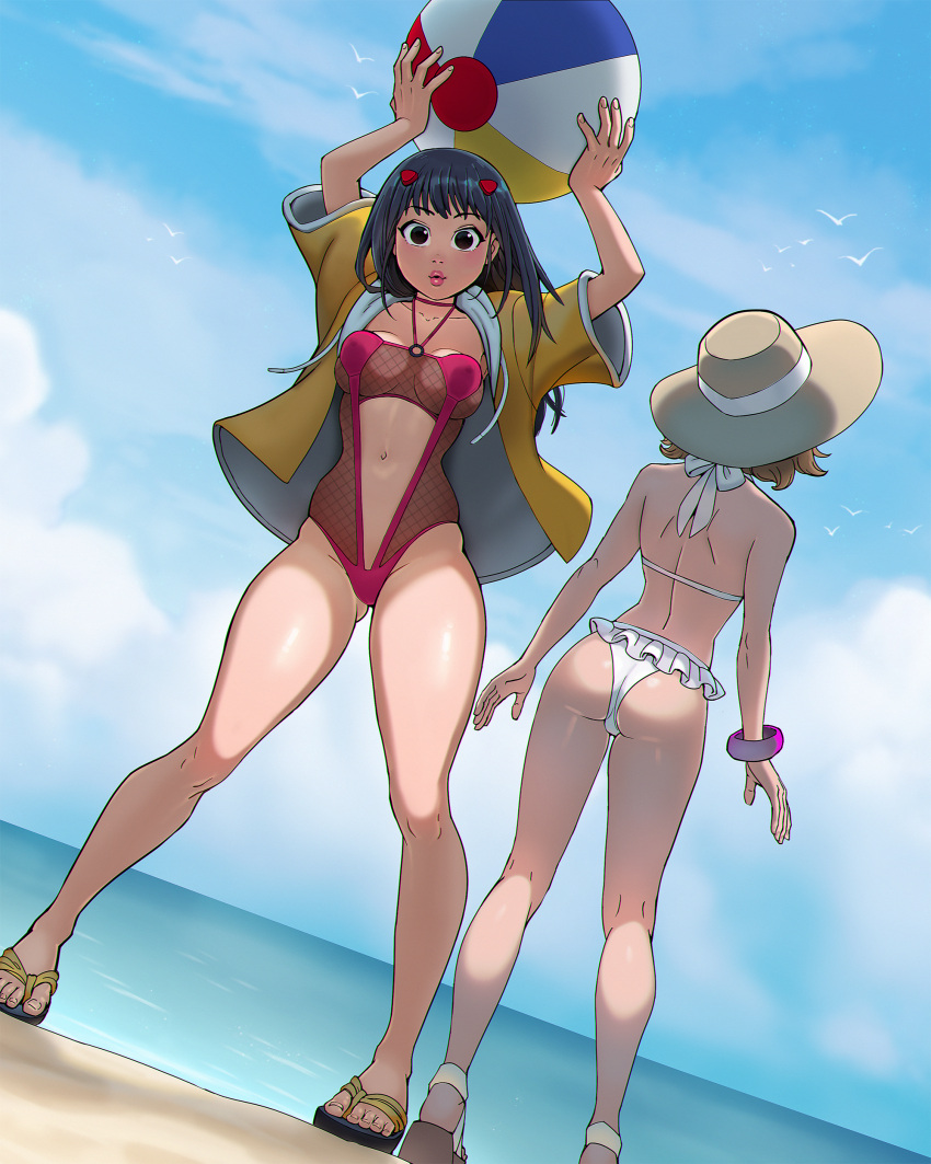2girls absurdres ass ball bare_legs beach beachball bikini black_eyes black_hair bracelet breasts breasts_apart brown_hair con-quest! cuddle_pit fishnet_swimsuit frilled_bikini frills from_behind full_body hat highres jacket jacket_over_swimsuit jewelry lips long_hair medium_breasts multiple_girls open_clothes open_jacket parted_lips pink_swimsuit sandals short_hair standing swimsuit toes white_bikini yellow_jacket