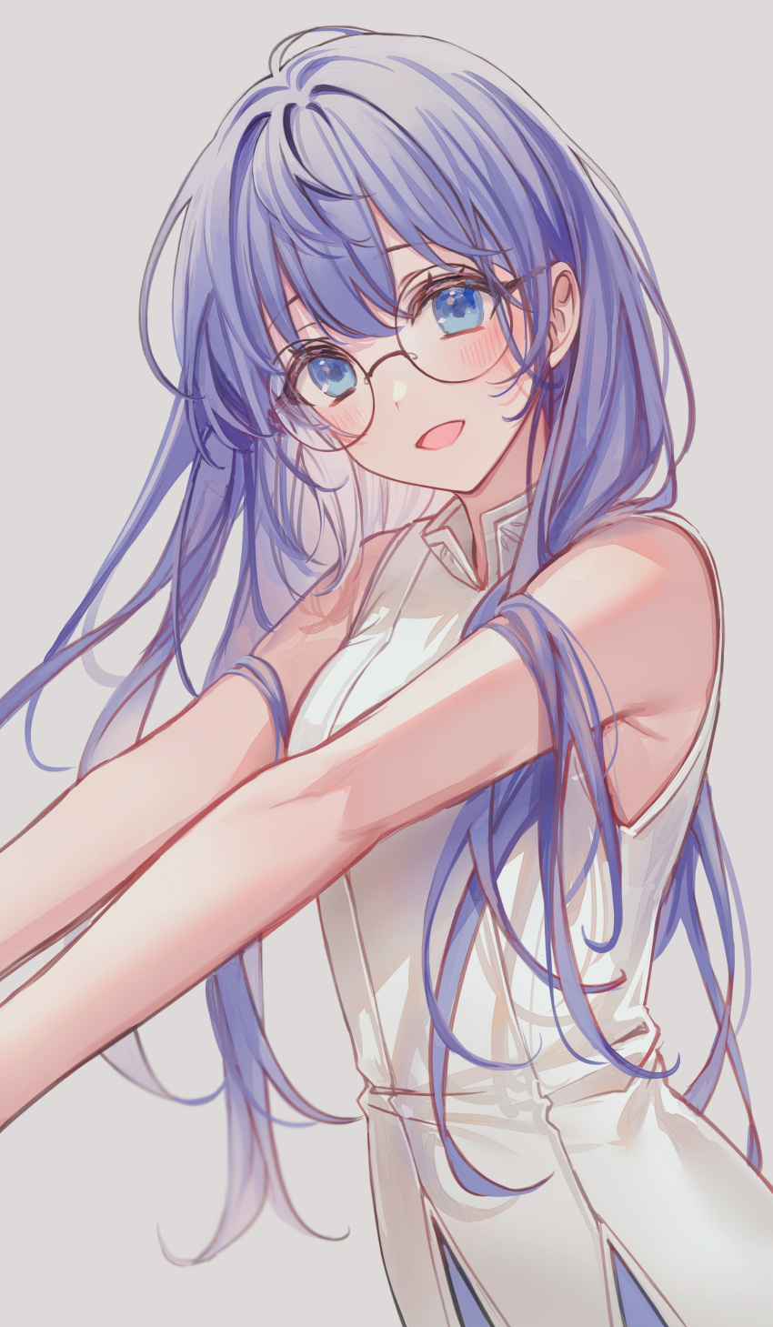1girl :d absurdres bare_arms bare_shoulders blue_eyes blush character_request cowboy_shot dress elsword glasses grey_background highres lium long_hair looking_at_viewer open_mouth purple_hair rimless_eyewear round_eyewear simple_background sleeveless sleeveless_dress smile upper_body very_long_hair white_dress