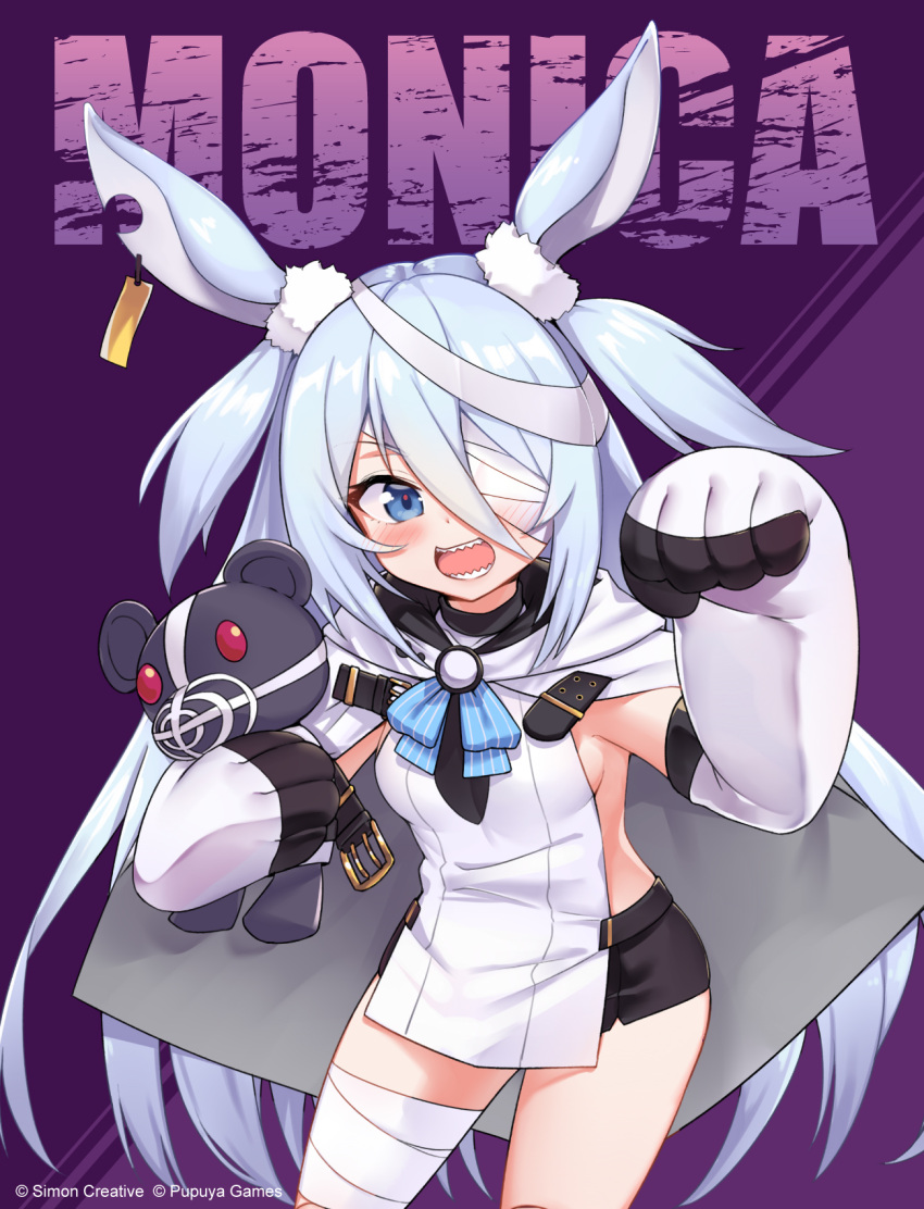 1girl animal_ears arm_up bandage_over_one_eye bandaged_leg bandages bike_shorts black_shorts blue_eyes blue_hair breasts character_name cloak commentary_request ear_tag elbow_gloves gloves highres linmiu_(smilemiku) little_witch_nobeta long_hair monica_(little_witch_nobeta) official_art open_mouth paw_pose purple_background rabbit_ears sharp_teeth short_shorts shorts simple_background small_breasts smile solo stuffed_animal stuffed_toy tabard teddy_bear teeth two_side_up white_cloak white_gloves white_tabard