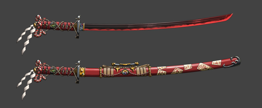 black_background commentary_request highres katana no_humans original sheath sheathed simple_background still_life sword tachi_(weapon) talisman tony2001 weapon weapon_focus