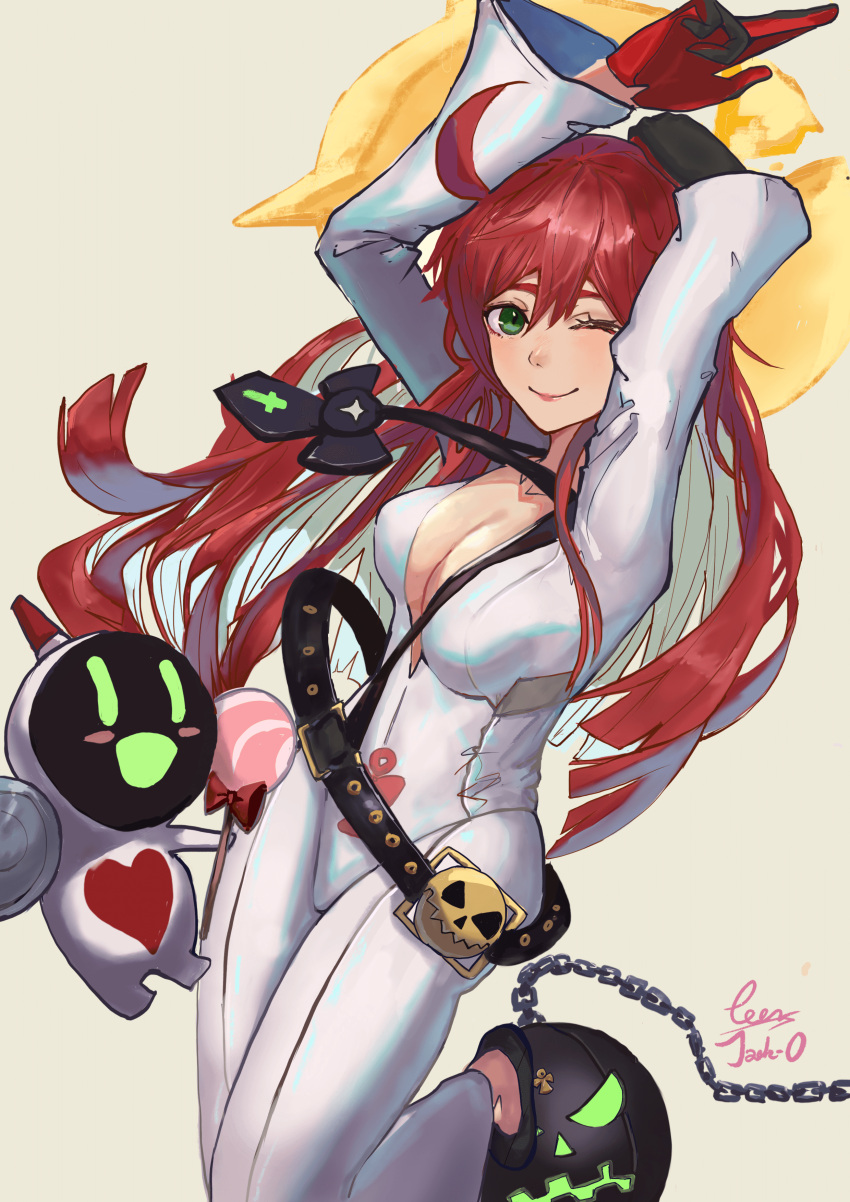 1girl absurdres ankh ankh_necklace belt bodysuit broken_halo green_eyes guilty_gear halo hands_up highres jack-o'_valentine long_hair one_eye_closed poor114514 redhead white_bodysuit