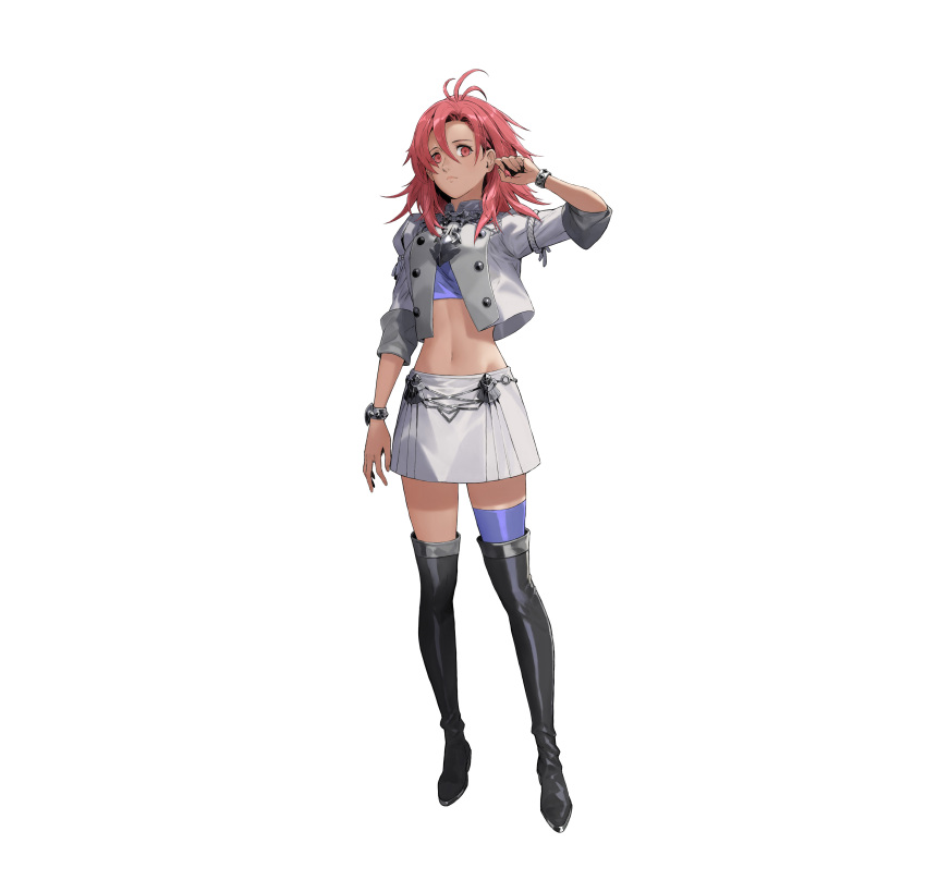 1girl absurdres antenna_hair artist_request bangs black_footwear blue_legwear boots bracelet closed_mouth crop_top cropped_jacket female fire_emblem fire_emblem:_three_houses fire_emblem_heroes full_body garreg_mach_monastery_uniform hair_between_eyes hand_up hapi_(fire_emblem) highres jacket jewelry juliet_sleeves long_hair long_sleeves looking_at_viewer midriff miniskirt navel official_art puffy_sleeves purple_shirt red_eyes redhead shirt simple_background single_thighhigh skirt solo standing stomach thigh-highs thigh_boots white_background white_jacket white_skirt