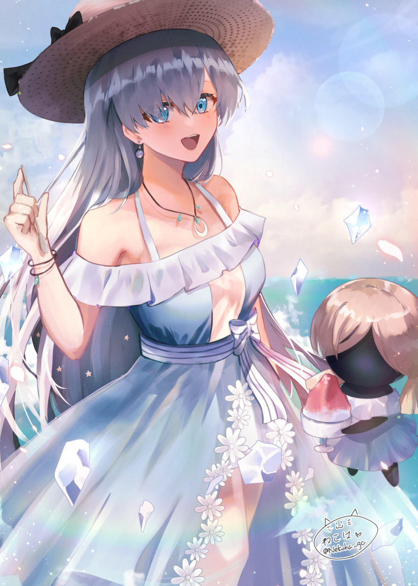 1girl anastasia_(fate) anastasia_(swimsuit_archer)_(fate) bangs bare_shoulders blue_dress blue_eyes blush bracelet breasts collarbone doll dress earrings fate/grand_order fate_(series) hair_over_one_eye hat highres jewelry large_breasts long_hair looking_at_viewer necklace nekoha_gc pendant see-through_skirt silver_hair skirt straw_hat very_long_hair viy_(fate)