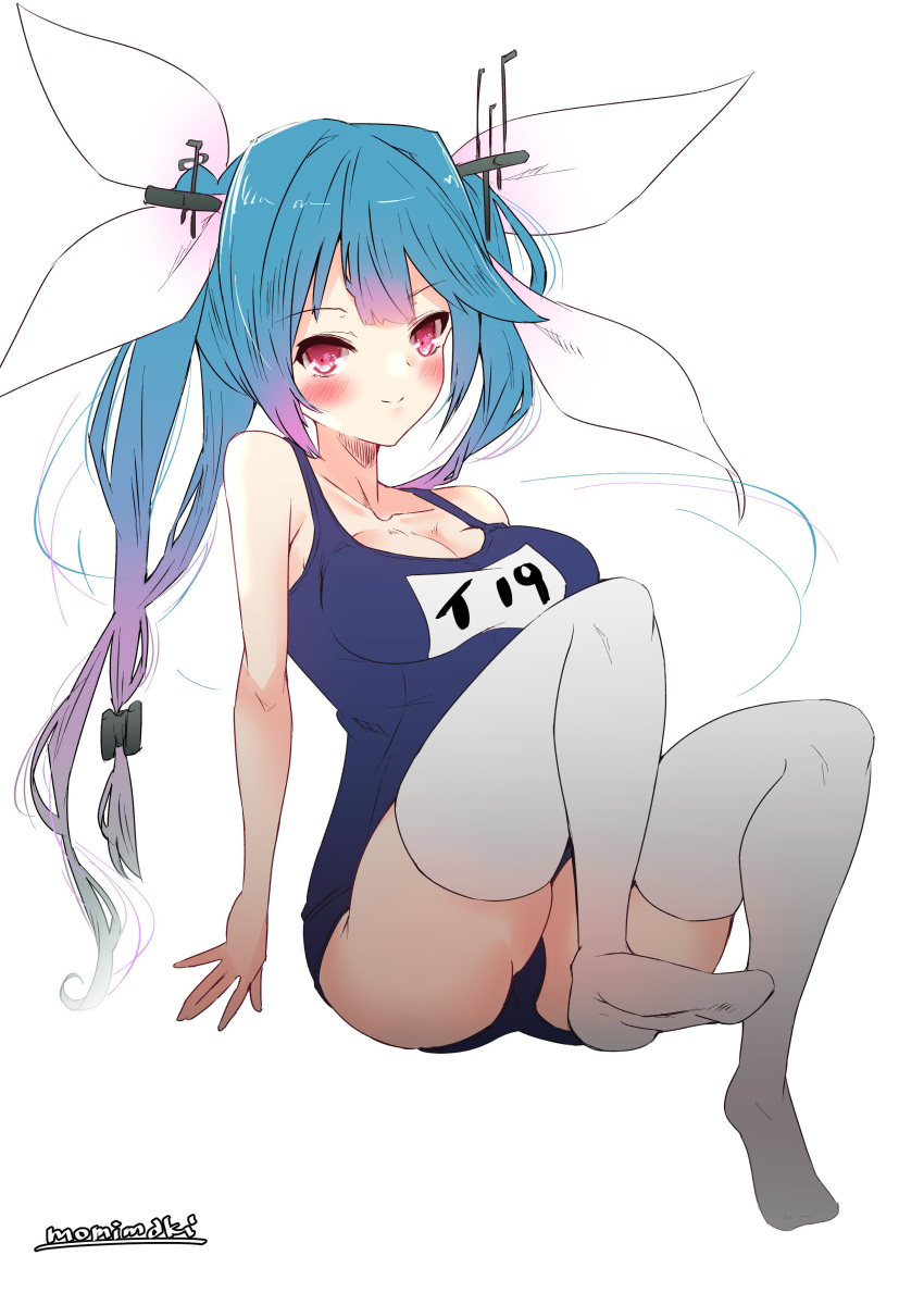 1girl absurdres blue_hair blue_swimsuit hair_ribbon highres i-19_(kancolle) invisible_chair kantai_collection long_hair momimaki one-piece_swimsuit red_eyes ribbon school_swimsuit sitting solo star-shaped_pupils star_(symbol) swimsuit symbol-shaped_pupils thigh-highs tri_tails twitter_username white_background white_legwear