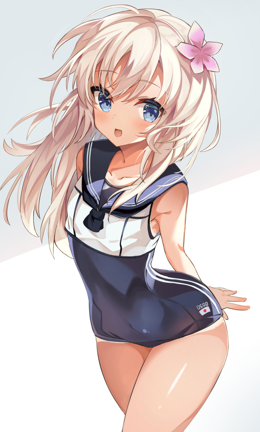 1girl arms_behind_back blonde_hair blue_eyes blush commentary covered_navel crop_top fathom flower hair_flower hair_ornament highres kantai_collection long_hair looking_at_viewer one-piece_swimsuit one-piece_tan open_mouth ro-500_(kancolle) sailor_collar school_swimsuit school_uniform serafuku smile solo swimsuit swimsuit_under_clothes tan tanlines