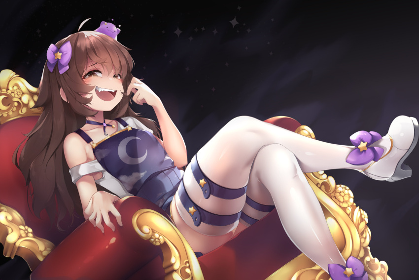 1girl absurdres brown_eyes brown_hair crossed_legs hair_ornament hair_ribbon highres indie_virtual_youtuber long_hair looking_at_viewer nimu_(vtuber) ribbon sitting smile smirk smug solo star_(symbol) star_hair_ornament thigh-highs throne virtual_youtuber white_legwear