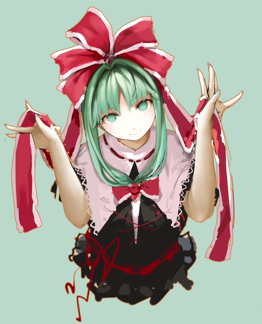 1girl absurdres bangs between_fingers black_dress bow closed_mouth cropped_torso dress eyebrows_visible_through_hair fingernails front_ponytail green_eyes green_hair hair_bow hair_intakes hair_ribbon hands_up head_tilt highres kagiyama_hina light_blue_background light_blush long_fingernails long_hair looking_at_viewer no_pupils red_bow red_ribbon ribbon sancking_(fatekl) simple_background smile solo touhou upper_body