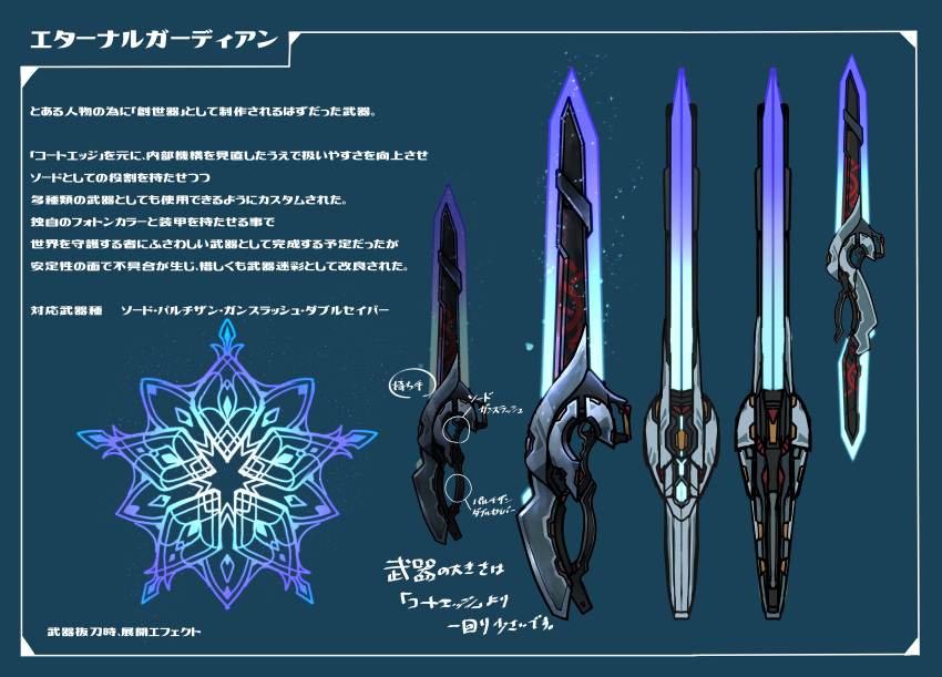 absurdres blue_background commentary_request dagger energy_sword fantasy highres huge_filesize knife light_particles mioshi_(vixis340) no_humans original simple_background still_life sword translation_request weapon weapon_focus