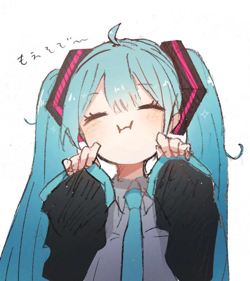 1girl :i absurdres ahoge azu_(azukagamine) bangs blue_neckwear closed_eyes closed_mouth collared_shirt commentary eyebrows_visible_through_hair facing_viewer grey_shirt hair_between_eyes hatsune_miku highres huge_filesize long_hair long_sleeves necktie pinching_sleeves shirt simple_background sleeves_past_wrists solo translated twintails upper_body very_long_hair vocaloid wavy_mouth white_background