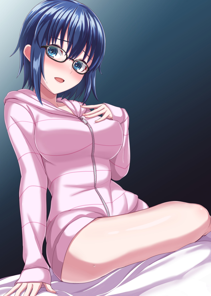 1girl bangs bare_legs black-framed_eyewear blue_eyes blue_hair blush breasts ciel_(tsukihime) commentary_request covered_nipples dan_(orange_train) eyebrows_visible_through_hair fingernails full-length_zipper glasses hair_between_eyes hand_on_own_chest highres hood hood_down hooded_sweater indoors large_breasts lips long_sleeves looking_at_viewer on_bed open_mouth pink_lips pink_sweater short_hair sidelocks sitting sleeves_past_wrists solo sweater thighs tsukihime tsukihime_(remake) zipper