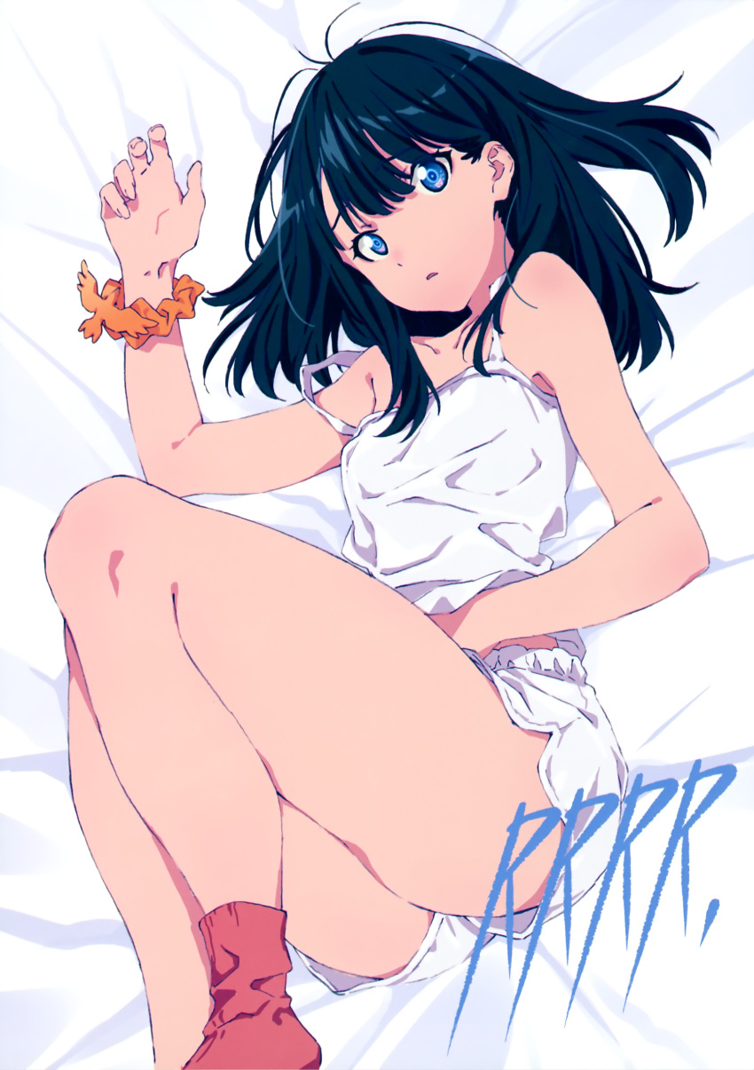 1girl absurdres anime_coloring artbook bed_sheet black_hair camisole dolphin_shorts flat_chest gridman_universe highres legs long_hair looking_at_viewer lying official_art on_back parted_lips red_legwear scan shorts socks solo ssss.gridman takarada_rikka takeuchi_masato thighs white_camisole white_shorts