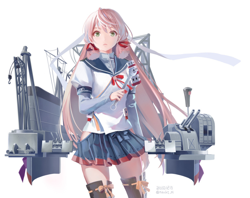 1girl akashi_(kancolle) armor bandana banned_artist blue_sailor_collar blue_skirt blunt_tresses brown_legwear dated green_eyes hair_ribbon hip_vent kantai_collection lips long_hair long_sleeves nacht pink_hair pleated_skirt red_neckwear red_ribbon ribbon sailor_collar school_uniform serafuku simple_background skirt solo thigh-highs tress_ribbon twitter_username white_background