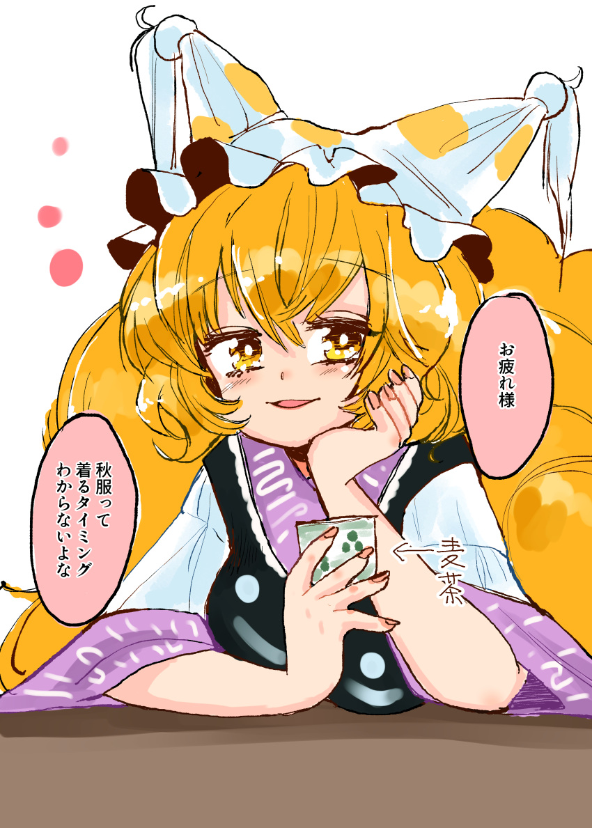 1girl absurdres bangs blonde_hair cup elbow_rest eyebrows_visible_through_hair fox_tail hair_between_eyes hand_on_own_face hat highres kitsune komaku_juushoku long_sleeves looking_at_viewer multiple_tails open_mouth short_hair simple_background sitting solo symbol-only_commentary tabard table tail teacup touhou translation_request white_background wide_sleeves yakumo_ran yellow_eyes