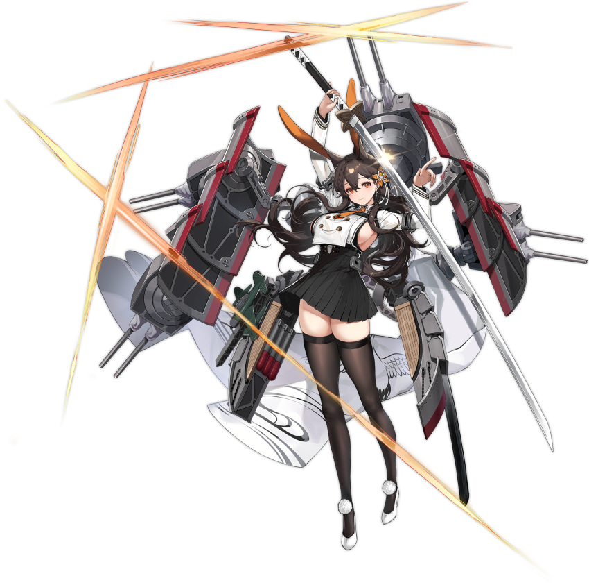1girl animal_ears azur_lane black_legwear braid breasts brown_eyes brown_hair chikuma_(azur_lane) closed_mouth dress full_body hair_ornament high_heels highres holding holding_sword holding_weapon huge_weapon katana large_breasts long_hair long_sleeves looking_at_viewer machinery mole mole_under_mouth official_art pleated_skirt pom_pom_(clothes) rabbit_ears shiny shiny_hair shisantian short_dress skirt smile solo sword thigh-highs tied_hair transparent_background turret weapon white_footwear zettai_ryouiki