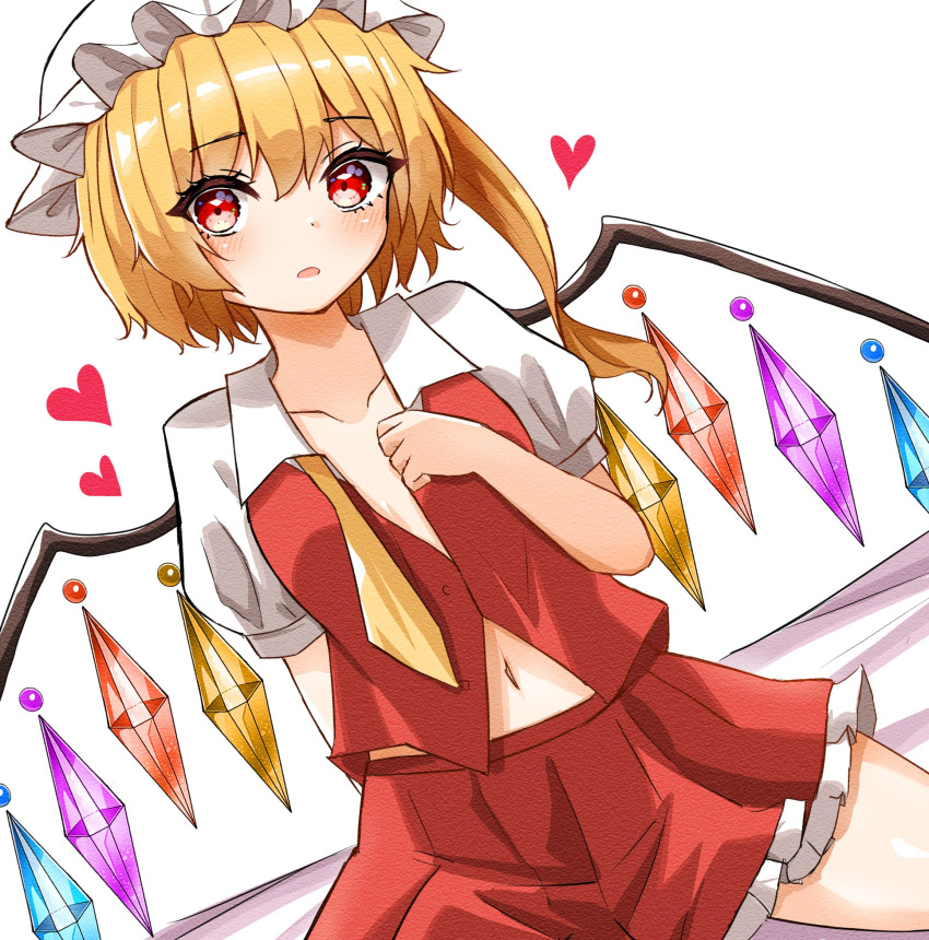 1girl ascot bangs blonde_hair blush breasts collarbone crystal eyebrows_visible_through_hair flandre_scarlet frilled_skirt frills hair_between_eyes hat head_tilt heart highres kiui_(dagk8254) looking_at_viewer mob_cap navel open_mouth puffy_short_sleeves puffy_sleeves red_eyes red_skirt short_hair short_sleeves side_ponytail skirt small_breasts solo thighs touhou undone_neckwear white_sleeves wings yellow_neckwear