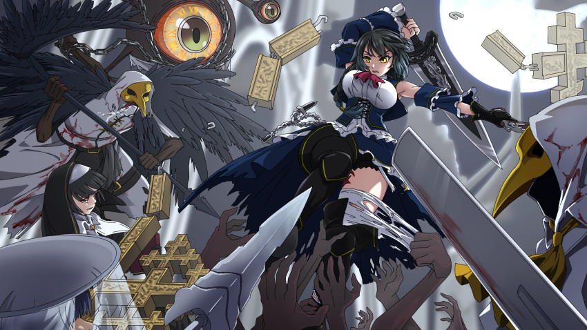 2girls antique_firearm aradia_(night_of_revenge) black_hair breasts corset detached_sleeves firelock flintlock framed_breasts gun highres large_breasts m_kyo monster multiple_girls night_of_revenge nun shirt sword tagme tearing_clothes thigh-highs torn_clothes weapon white_shirt yellow_eyes