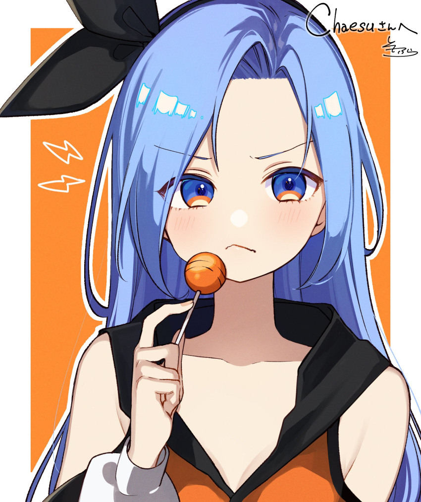 1girl bangs black_ribbon blue_eyes blue_hair blush borrowed_character candy closed_mouth collarbone commentary commission eyebrows_visible_through_hair food forehead hair_ribbon hand_up highres holding holding_candy holding_food holding_lollipop hood hood_down hooded_jacket jacket lightning_bolt_symbol lollipop long_hair long_sleeves minah_(chaesu) orange_background orange_jacket original parted_bangs puffy_long_sleeves puffy_sleeves ribbon signature skeb_commission sleeveless sleeveless_jacket sofra solo two-tone_background upper_body v-shaped_eyebrows white_background