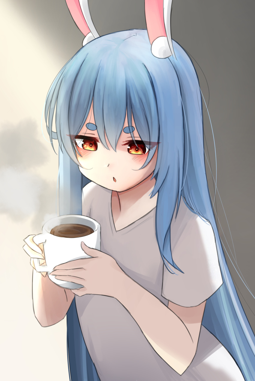 1girl absurdres animal_ears aurapls blue_hair blush bunny-shaped_pupils coffee commentary cup grey_background grey_shirt hair_between_eyes hair_down highres holding holding_cup hololive long_hair looking_down parted_lips rabbit_ears red_eyes shirt short_eyebrows short_sleeves solo steam upper_body usada_pekora
