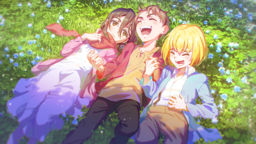 1girl 2boys armin_arlert belt black_hair blonde_hair blue_flower brown_eyes child closed_eyes commentary_request day dress eren_yeager flower grass happy highres holding_hands jacket laughing meipu_hm mikasa_ackerman multiple_boys on_grass pants red_scarf scarf shade shingeki_no_kyojin shirt short_hair smile suspenders younger