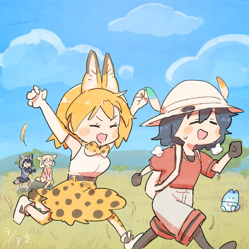 4girls animal_ears backpack bag bare_shoulders black_gloves black_hair black_legwear blonde_hair blue_sky blue_sweater blush bow bowtie cat_ears cat_girl cat_tail commentary_request common_raccoon_(kemono_friends) elbow_gloves eyebrows_visible_through_hair fang fennec_(kemono_friends) fox_ears fox_girl fox_tail gloves grey_shorts hat_feather helmet high-waist_skirt highres kaban_(kemono_friends) kemono_friends lucky_beast_(kemono_friends) multiple_girls open_mouth pantyhose pink_sweater pith_helmet print_legwear print_neckwear print_skirt raccoon_ears raccoon_girl raccoon_tail running savannah serval_(kemono_friends) serval_print shirt short_hair shorts sitting skirt sky sleeveless sweater tail thigh-highs tree wamawmwm white_shirt