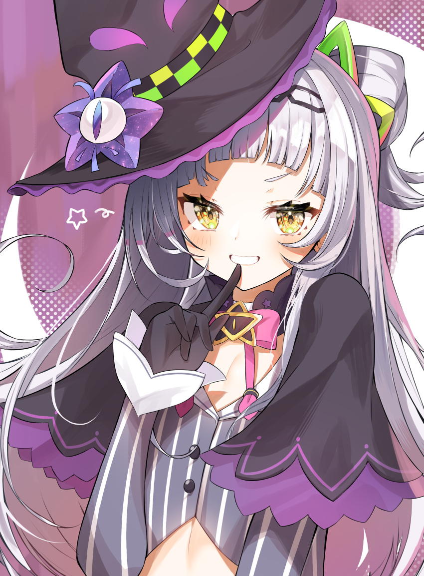 1girl absurdres bangs black_capelet black_gloves black_hairband black_headwear blush capelet commentary_request crop_top finger_to_mouth flat_chest furuki_ayaginutaira gloves grey_shirt grin hair_bun hairband hand_up hat highres hololive long_hair long_sleeves looking_at_viewer murasaki_shion pinstripe_pattern pinstripe_shirt shirt short_eyebrows side_bun silver_hair smile solo striped tilted_headwear upper_body v-shaped_eyebrows virtual_youtuber witch_hat yellow_eyes