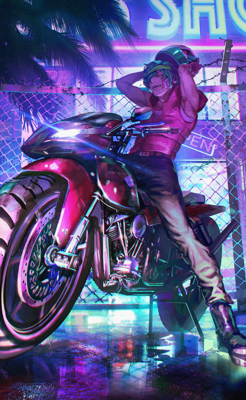 1boy absurdres aqua_hair arms_up bandages boots character_request ground_vehicle highres hotline_miami looking_at_viewer male_focus meipu_hm motor_vehicle motorcycle neon_lights night pants puddle reflection removing_helmet shirt solo vest