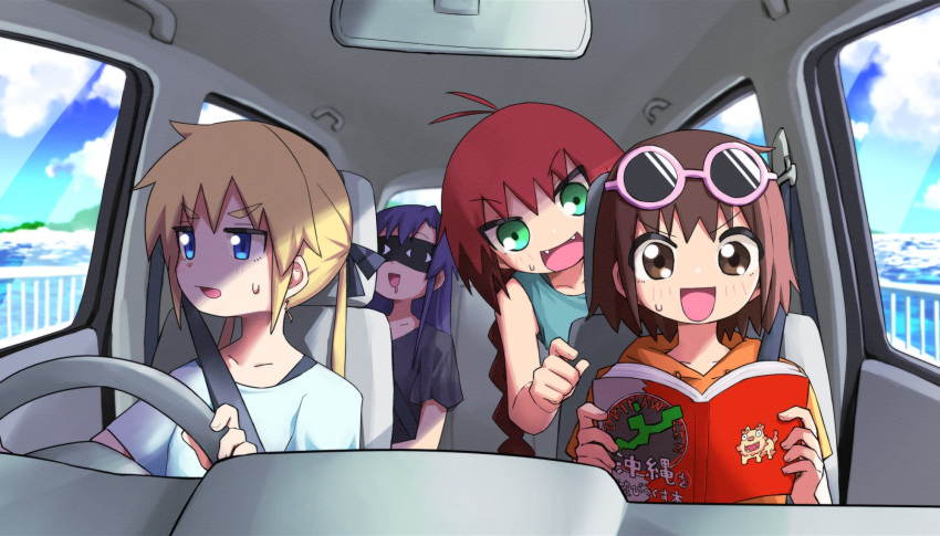 4girls alternate_costume antenna_hair black_ribbon black_shirt blue_hair blush book braid brown_eyes brown_hair collarbone day eyebrows_visible_through_hair eyewear_on_head fangs goshiki_agiri green_eyes ground_vehicle hair_ribbon highres holding holding_book hood hoodie kill_me_baby long_hair looking_at_another looking_away motor_vehicle multiple_girls open_mouth orange_hoodie oribe_yasuna redhead ribbon shirt short_hair short_sleeves single_braid sleep_mask smile sonya_(kill_me_baby) sunglasses sweatdrop twintails unused_character van white_shirt yachima_tana