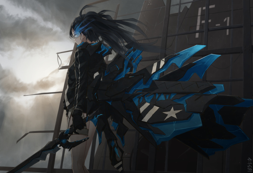 1girl black_hair black_jacket black_rock_shooter black_rock_shooter_(character) black_rock_shooter_(inexhaustible) blue_eyes blue_fire fire flaming_eye gloves highres jacket long_hair solo source_request standing sword twintails weapon