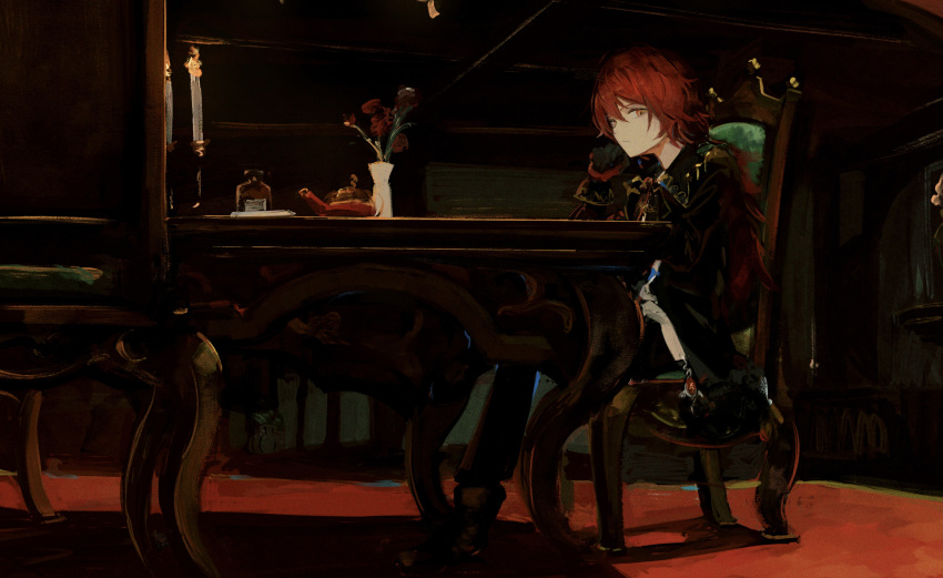 1boy 7ife absurdres black_gloves black_jacket black_pants candle closed_mouth commentary dark_room diluc_(genshin_impact) english_commentary expressionless full_body genshin_impact gloves highres jacket long_hair long_sleeves looking_at_viewer male_focus orange_eyes pants redhead sitting solo table teapot vase vision_(genshin_impact)