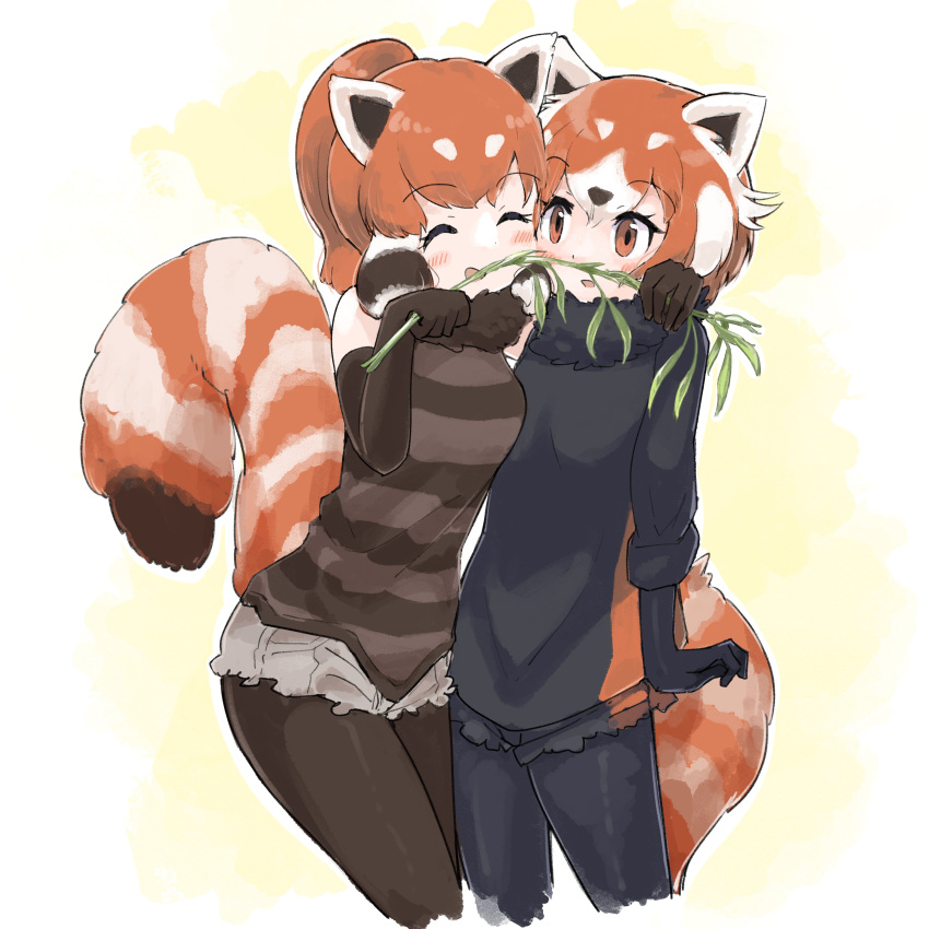 2girls absurdres animal_ears bamboo black_fur black_gloves black_hair black_legwear black_shirt black_sweater blush closed_eyes cowboy_shot cutoff_jeans cutoffs elbow_gloves eyebrows_visible_through_hair fur_collar gloves highres iwa_(iwafish) kemono_friends lesser_panda_(kemono_friends) long_sleeves multicolored_hair multiple_girls orange_eyes panda_ears panda_girl panda_tail pantyhose redhead shirt short_hair short_shorts shorts sleeveless striped striped_shirt sweater white_hair